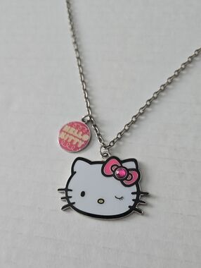 Sanrio Hello Kitty Enamel Face Charm Necklace Pink Rhinestone Bow Y2K